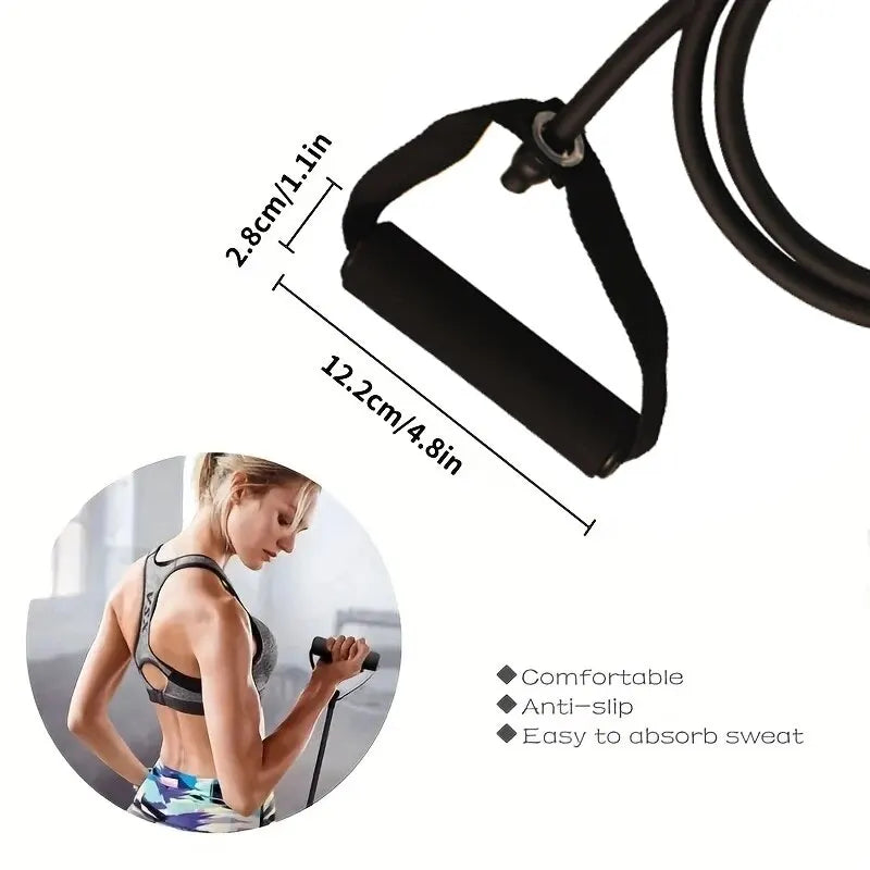 Black resistance bands with handles shown in a close-up view for home workouts