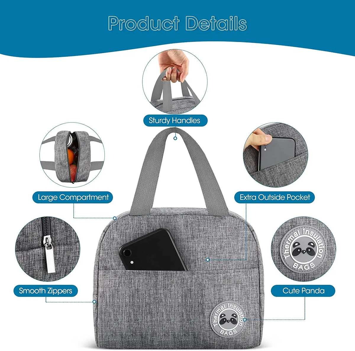 Gray insulated lunch bag with sturdy handles and a large compartment featuring smooth zippers and an extra pocket.
