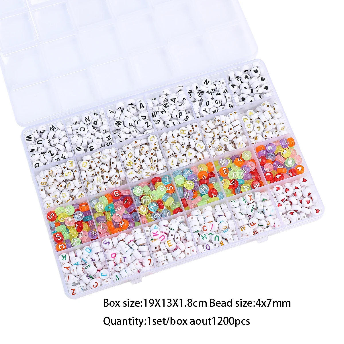 A clear grid storage box filled with various colored acrylic letter beads for jewelry making