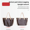 A comparison showing a felt tote bag with and without a bottom pad, demonstrating improved upright natural support.