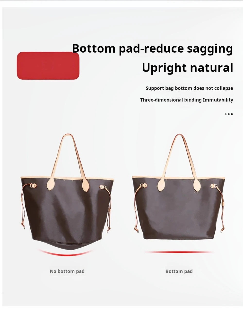A comparison showing a felt tote bag with and without a bottom pad, demonstrating improved upright natural support.