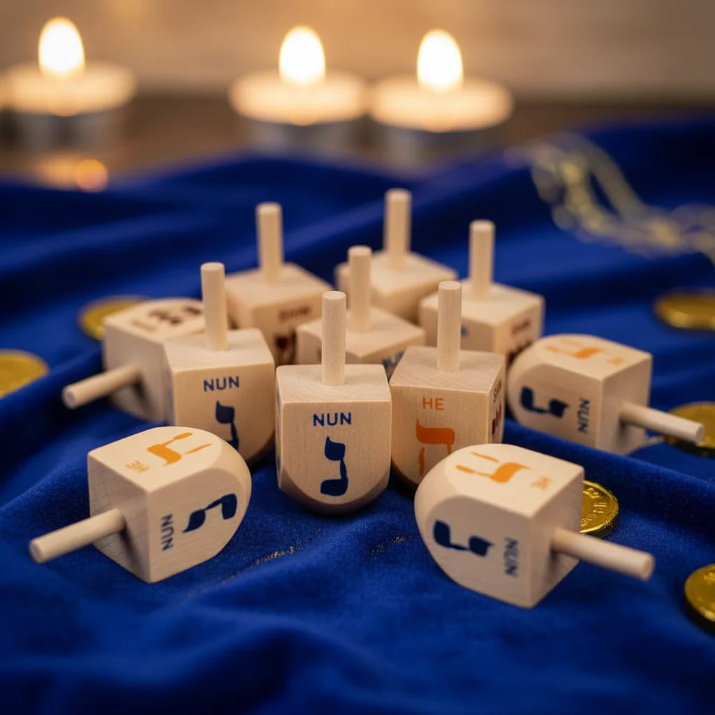 Wooden spinning tops with Hebrew letters and the word NUN resting on a blue fabric with lit candles.