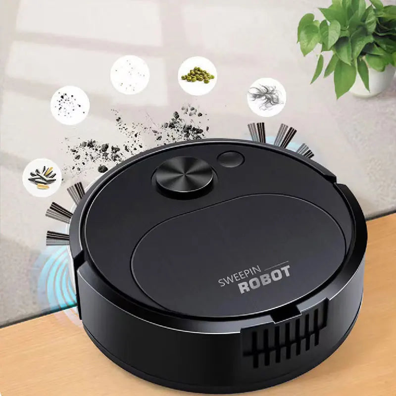 A black 3-in-1 smart robot vacuum cleaner with various cleaning attachments is shown on a wooden surface.