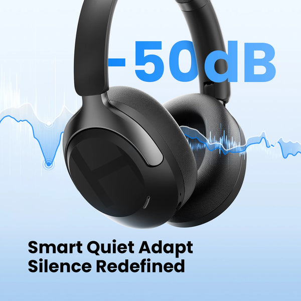 Auriculares inalámbricos negros demostrando reducción de ruido de -50dB y silencio adaptativo inteligente.