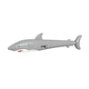 A gray prank water gun pen with a shark-like body and a red writing tip.
