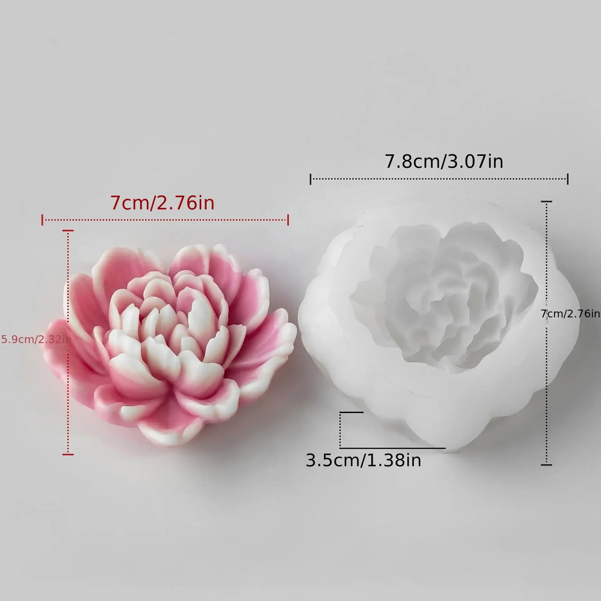 Pink heart flower silicone mold for candle clay soap and craft projects shown with dimensions.