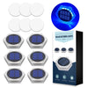A set of solar powered outdoor lights featuring hexagonal panels with blue LED illumination and a switch button.