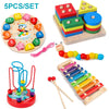 A set of wooden puzzles including 5 pieces, a stacking puzzle, and an elephant-themed activity toy for toddlers.