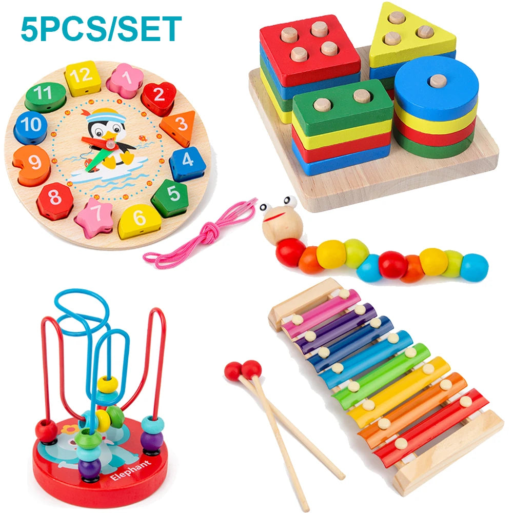 A set of wooden puzzles including 5 pieces, a stacking puzzle, and an elephant-themed activity toy for toddlers.