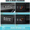 Instructions showing how to reset the password on a portable travel safe lock box using a dial and a RESET lever.