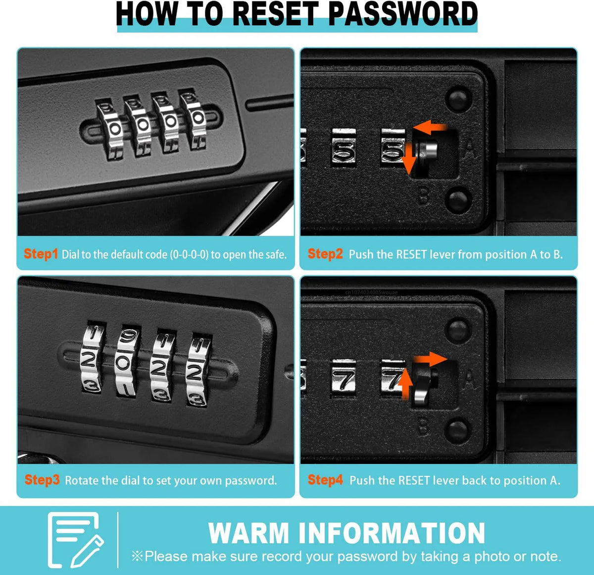 Instructions showing how to reset the password on a portable travel safe lock box using a dial and a RESET lever.
