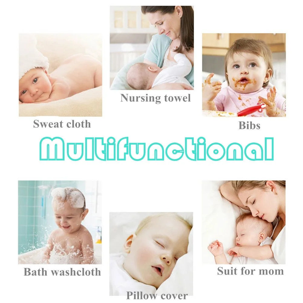 A collection of multifunctional soft natural cotton muslin baby washcloths including a nursing towel, bibs, bath washcloth, a
