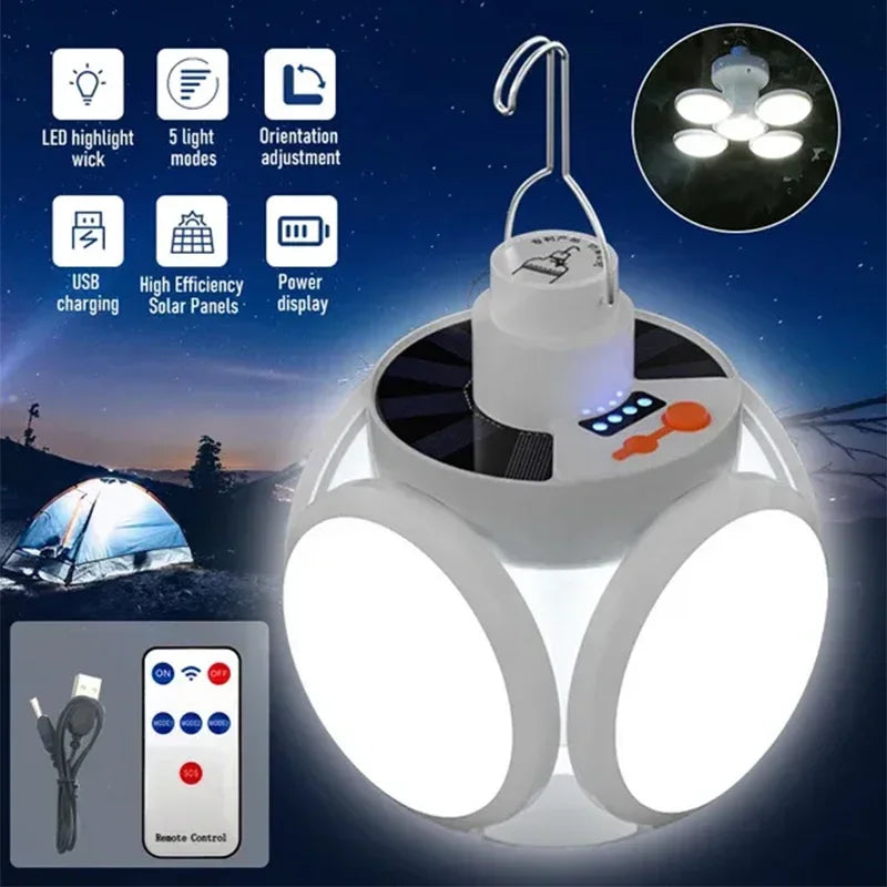 A white foldable solar camping lantern with multiple light modes and USB charging features is shown alongside its remote cont