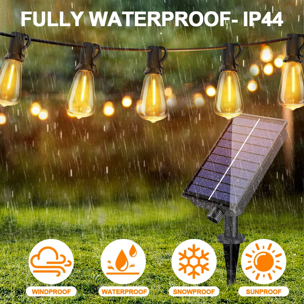 Outdoor string lights featuring IP44 waterproof, windproof, waterproof, snowproof, and sunproof bulbs hanging over a grassy a