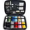 A portable multi-function sewing kit containing various threads, needles, and tools is displayed in an open black case.