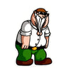 A playful cartoon character wearing sunglasses and a white shirt with green pants.