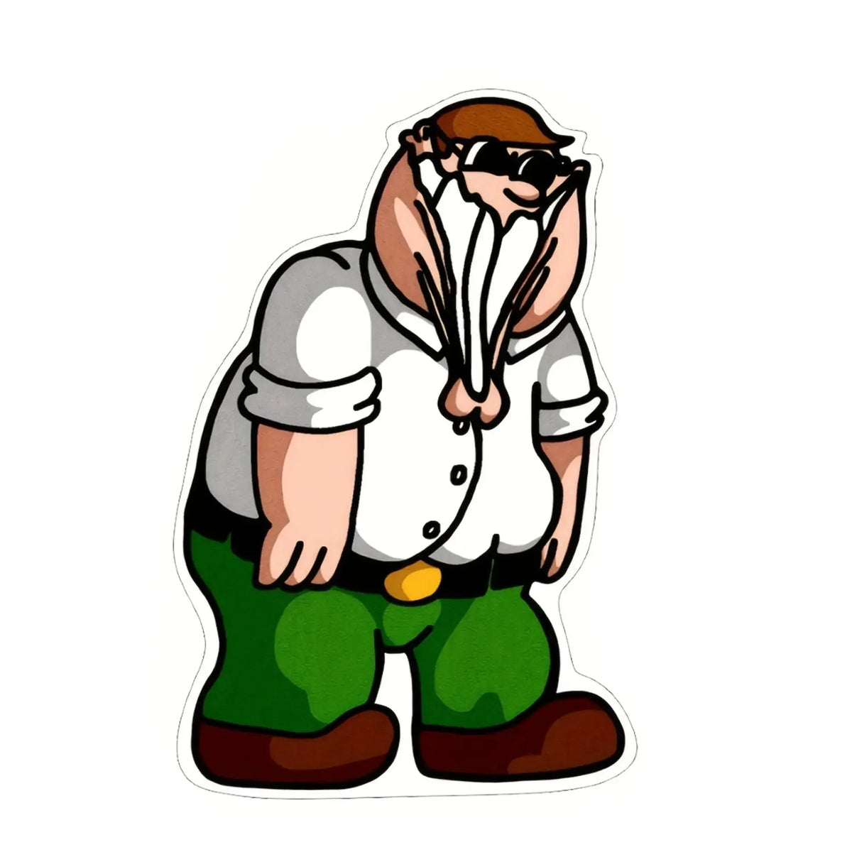 A playful cartoon character wearing sunglasses and a white shirt with green pants.