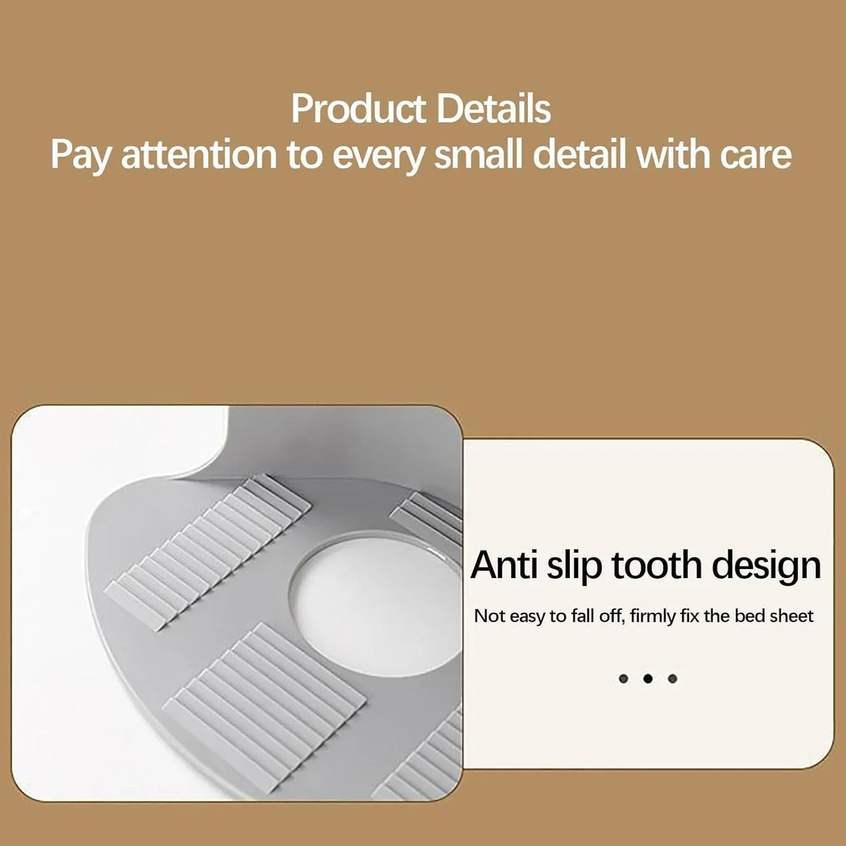Close-up view of a silver anti slip tooth design bed sheet corner gripper strap.