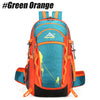 An orange and teal hiking backpack shown from the back.