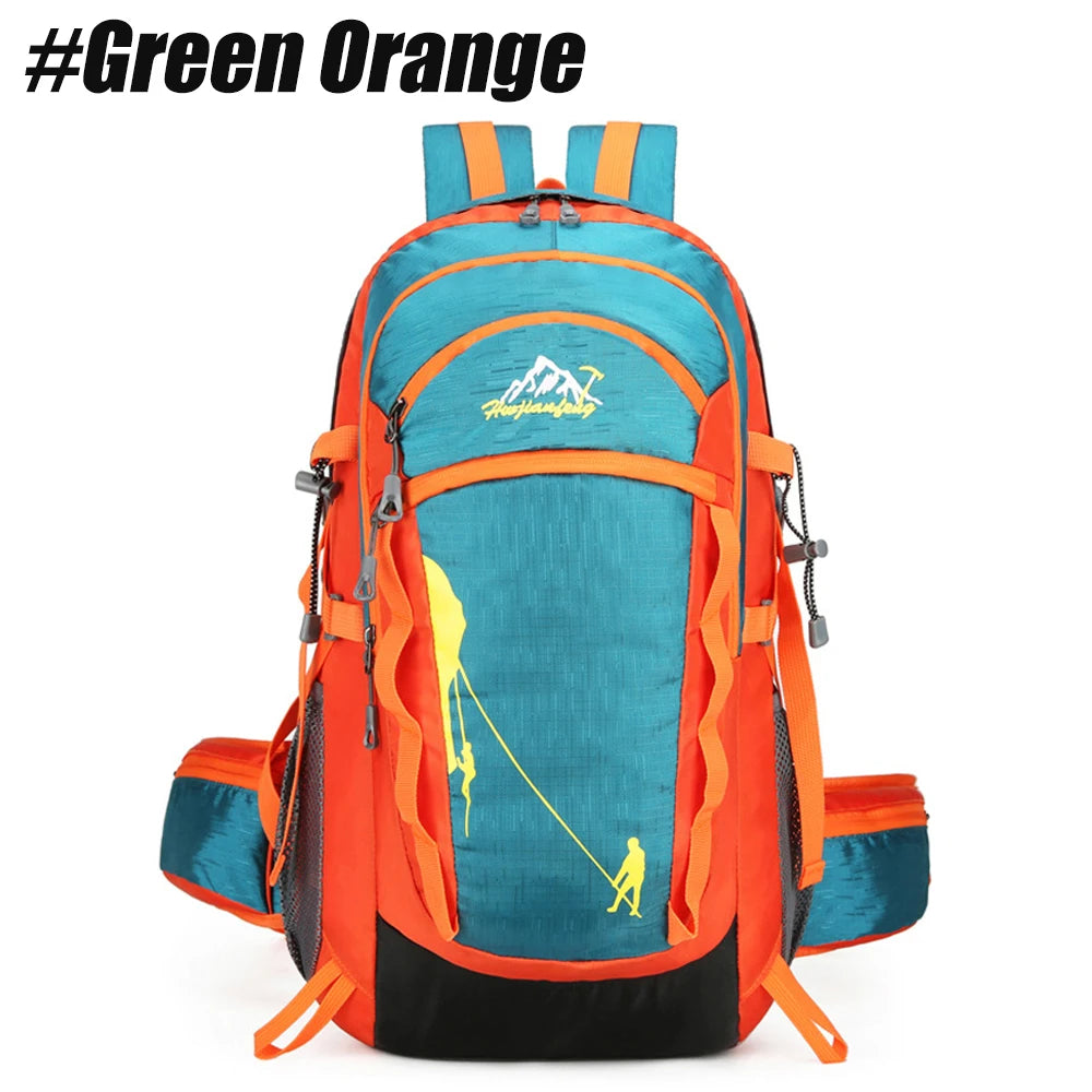 An orange and teal hiking backpack shown from the back.