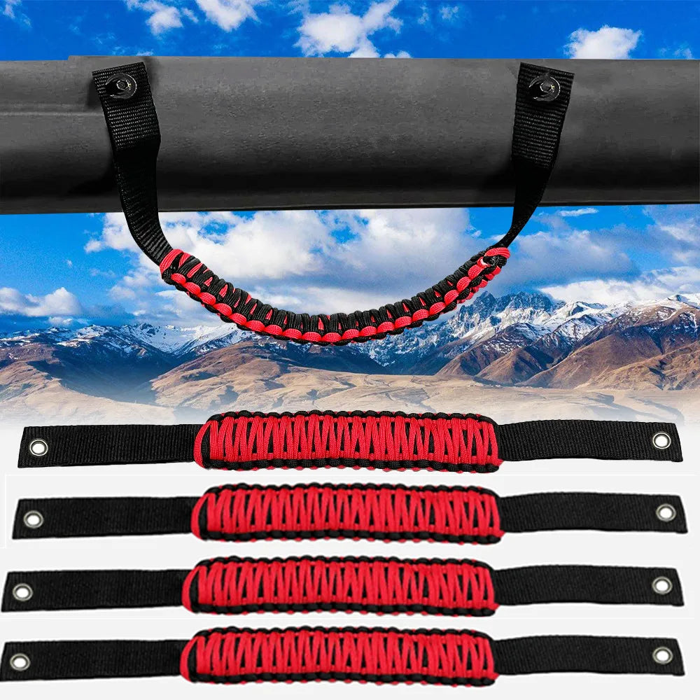 Black and red paracord grab handles for a vehicle, shown in various lengths.