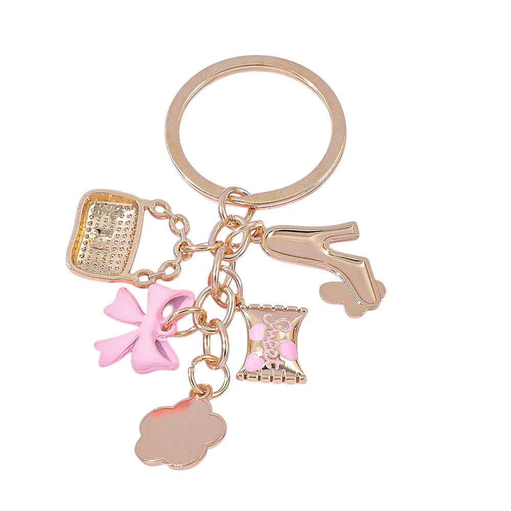 Enamel Heart & Bow Keychain with Flower Charm