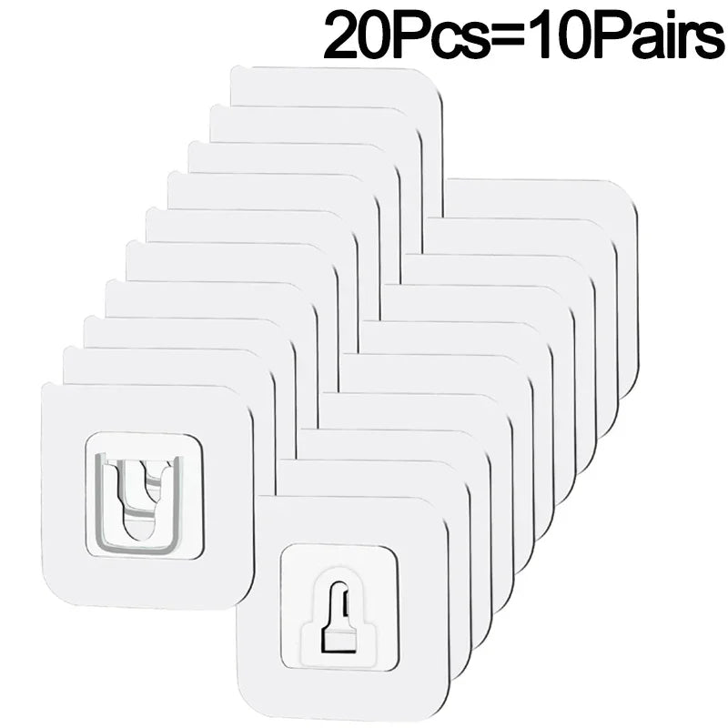 A set of twenty white invisible adhesive hooks packaged for sale.