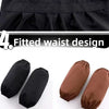 Black cotton kitchen apron with adjustable neck strap shown in various folds and forms.
