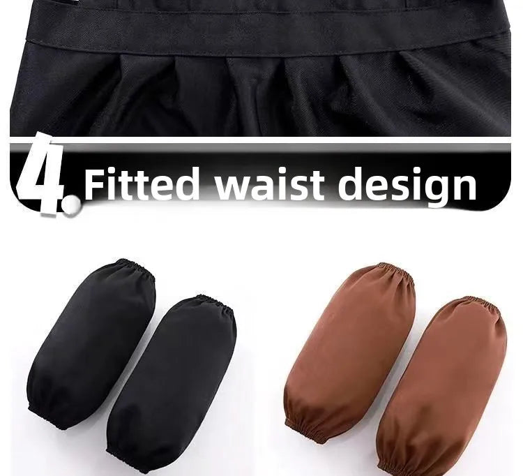 Black cotton kitchen apron with adjustable neck strap shown in various folds and forms.