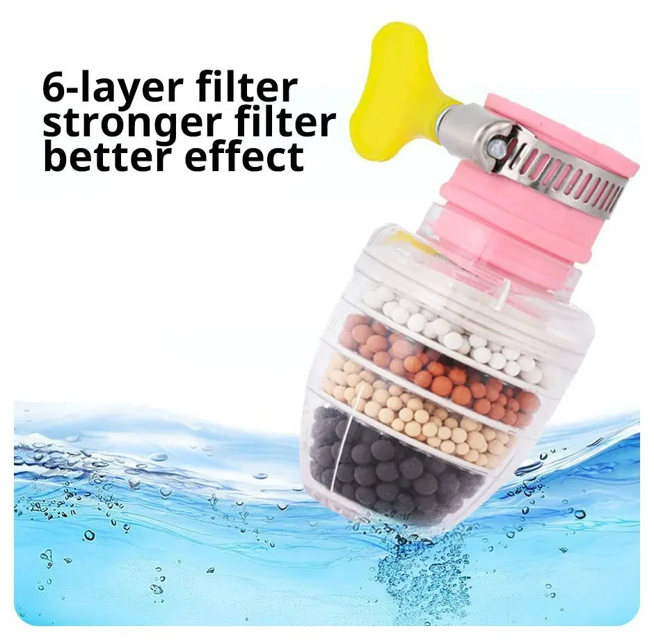 A yellow and pink multi-layer water filter is shown spraying water into a clear glass of water.