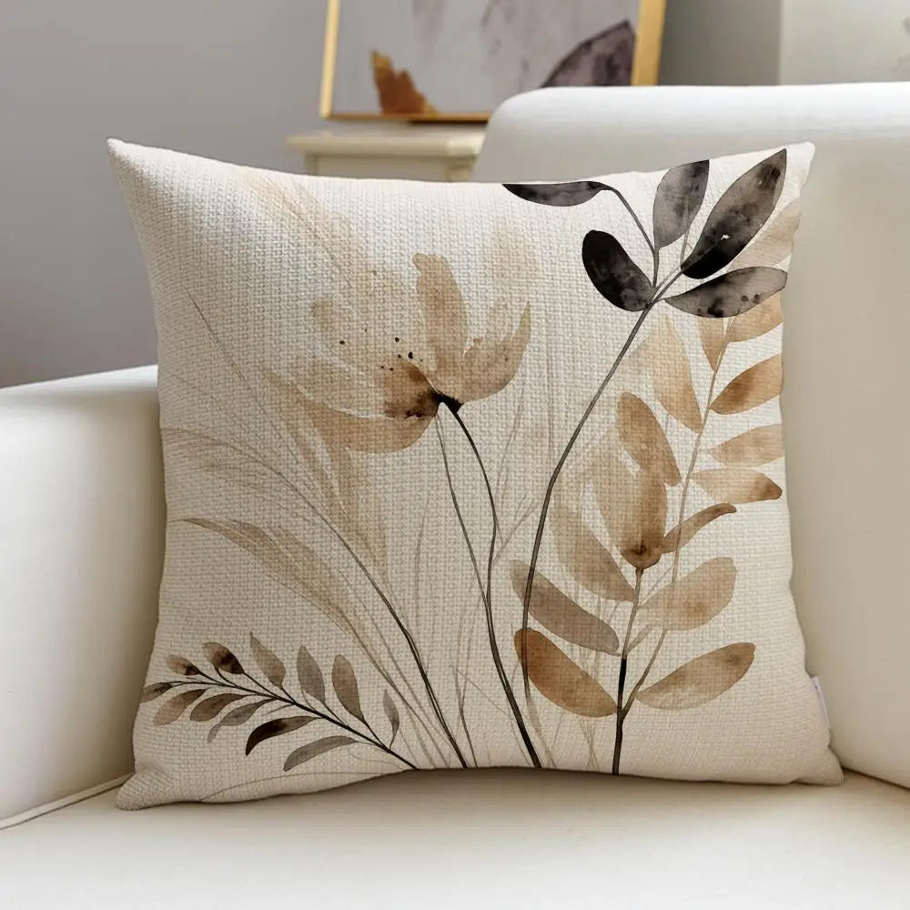 Beige Minimal Blooms Linen Throw Pillow Covers