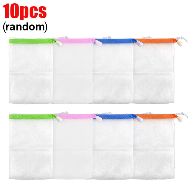 Ten random white foaming mesh bath poufs with colored hanging loops