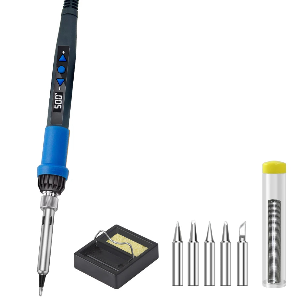 A soldering iron with a digital display and adjustable temperature, shown alongside tips and a holder.