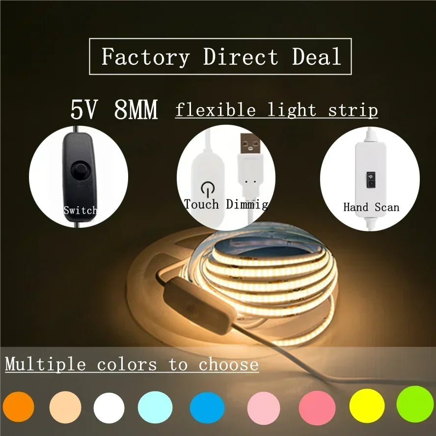 A factory direct deal featuring a 5V 8MM flexible light strip with switch, touch dimming, and hand scan control, showing mult