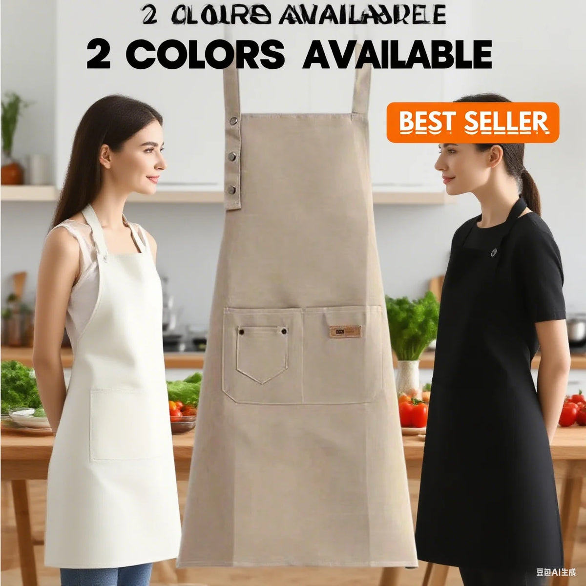 Two beige canvas kitchen aprons displayed next to a woman wearing a black apron.