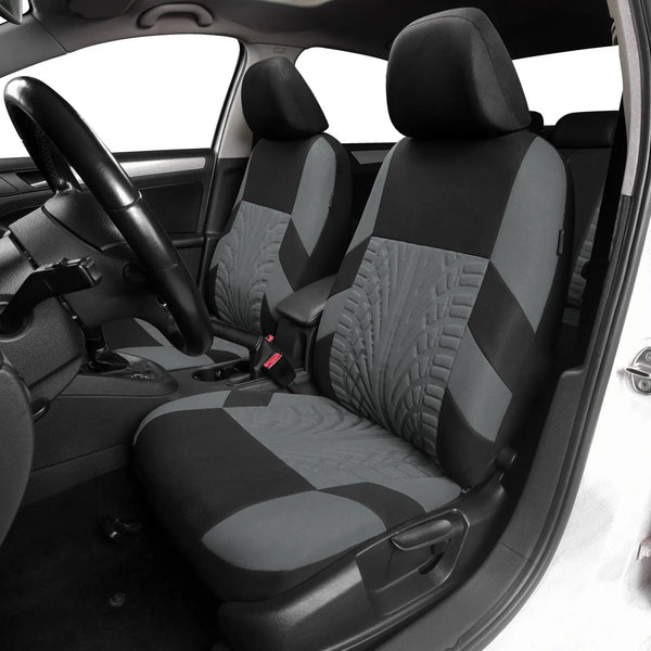 Black and gray car seat covers for a vehicle, showing the front seat and rear bench.