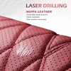 Close-up of a pink Nappa leather seat cover showing laser drilling details and stitching.
