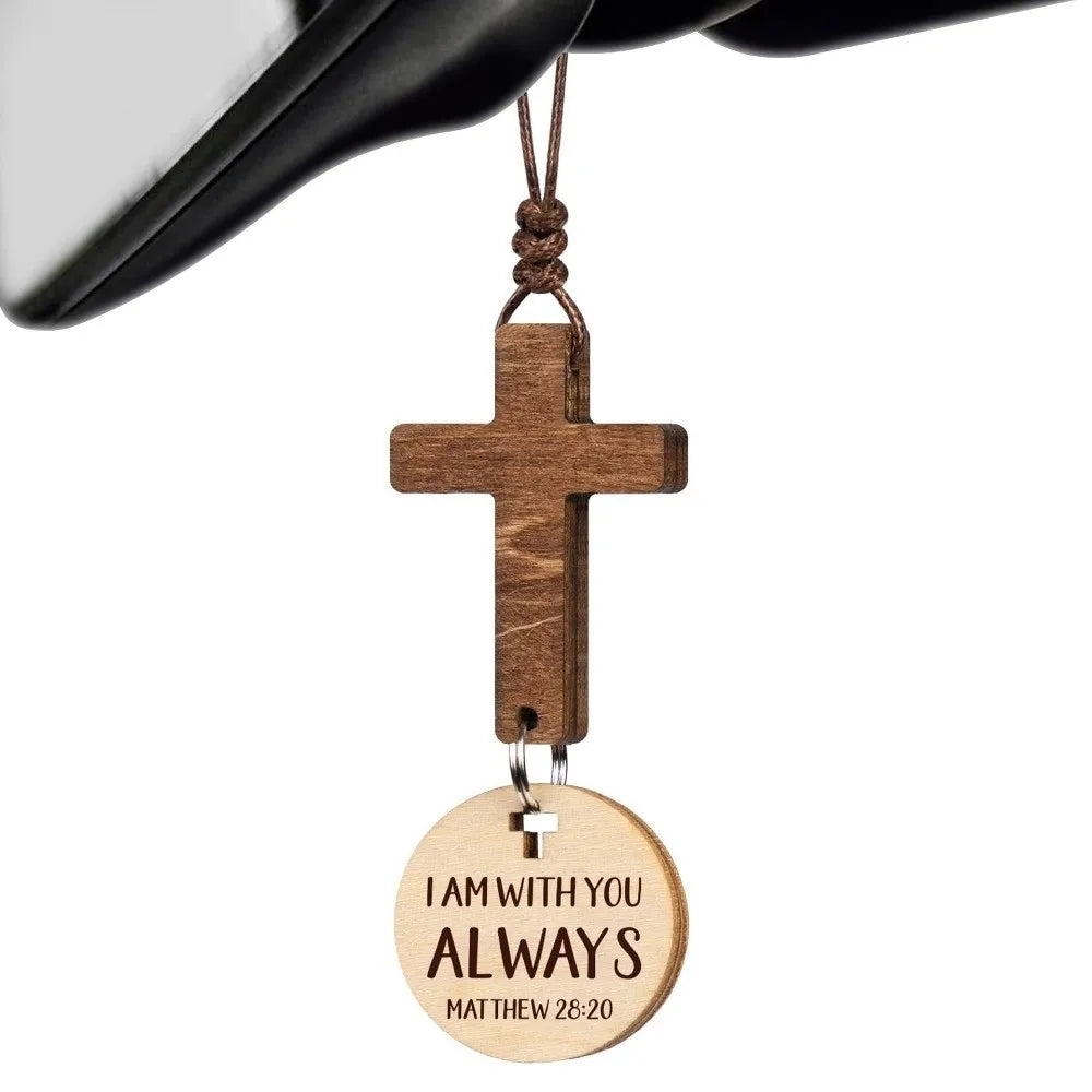 Wood Cross Car Rearview Mirror Pendant with Bible Verse