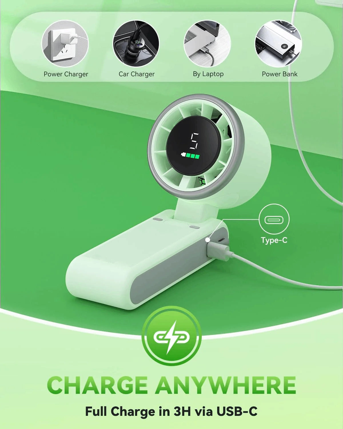 Ventilateur portable à main avec écran numérique et câble de charge USB-C, à côté de diverses options de charge.