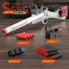 A white gray S686 rifle is shown with various accessories including shells, a scope, and soft bullets.