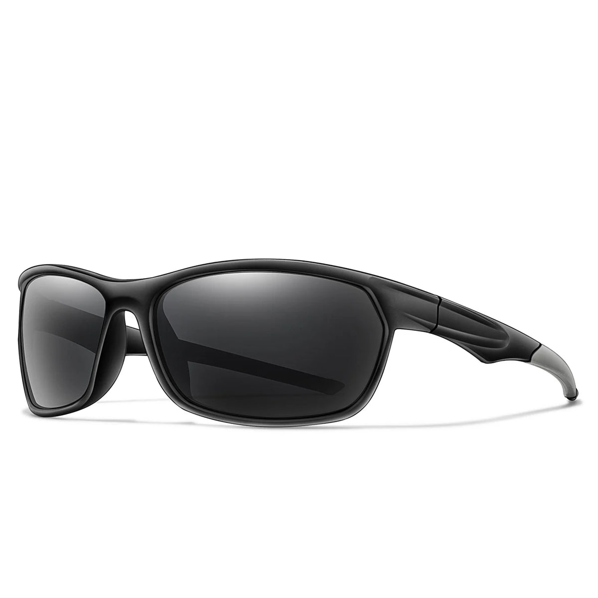 Black polarized sports sunglasses viewed from the side.