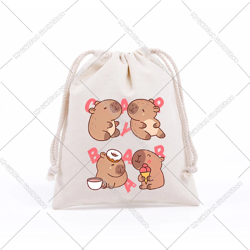 A beige drawstring storage bag featuring cute brown capybara illustrations.