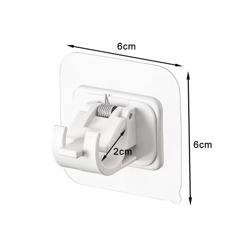 White adhesive curtain rod hooks clamp for showers and storage with a 6cm length.