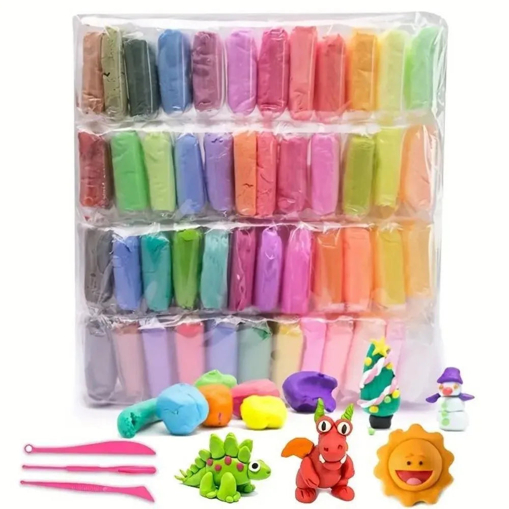 A set of 48-color air dry clay and tools packaged in a clear plastic bag.