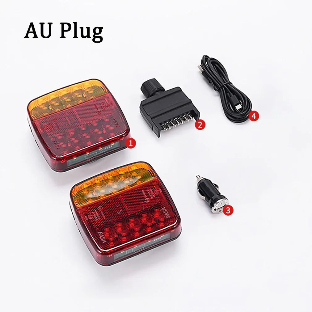 A set of AU Plug wireless magnetic trailer tail lights including the light unit, remote transmitter, and power cord.