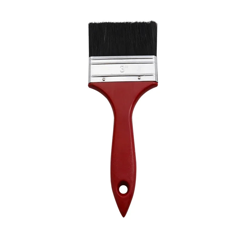 A red paint brush with a black bristles and a silver plastic handle.