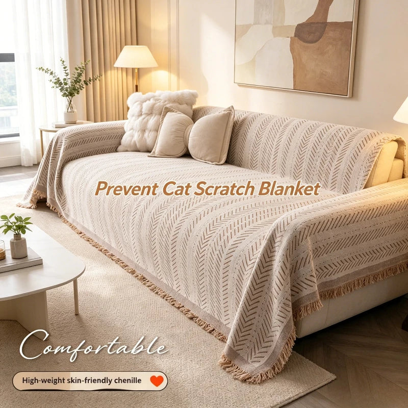 A beige knitted blanket with a fishbone pattern is draped over a sofa, designed to prevent cat scratches.