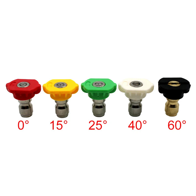 Set of five quick-connect pressure washer nozzles showing spray angles from 0 to 60 degrees.