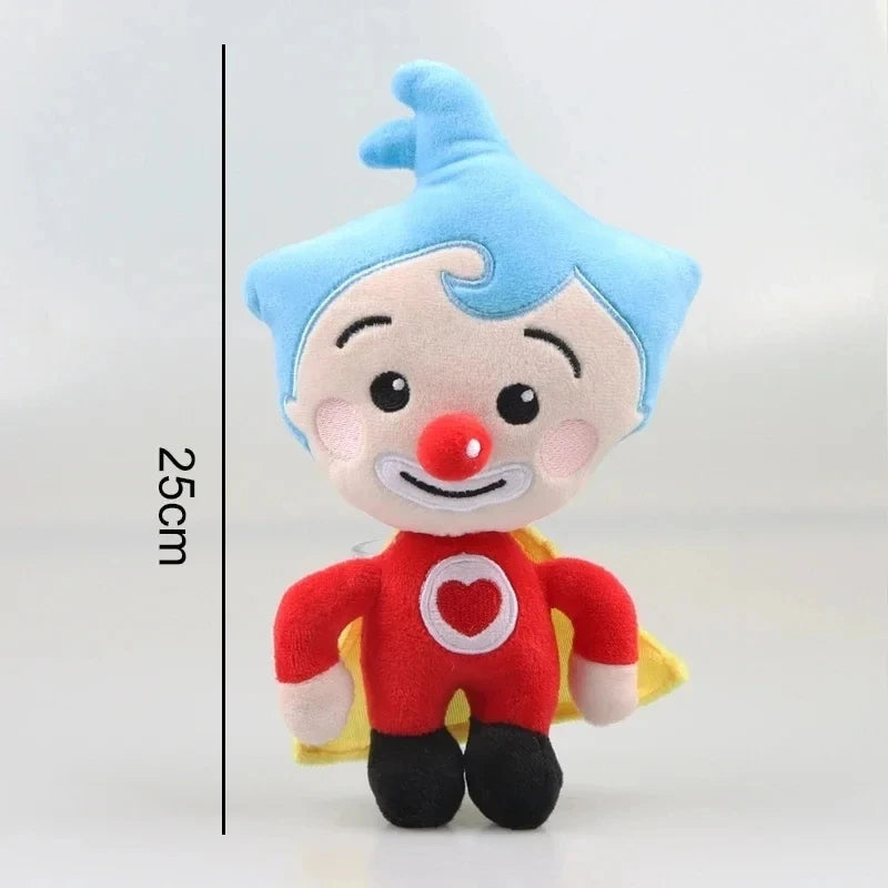 A soft plush toy of a blue-haired clown with a red shirt and black pants, shown against a white background.