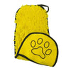 A bright yellow, textured pet bath towel with a black outline of a paw print.